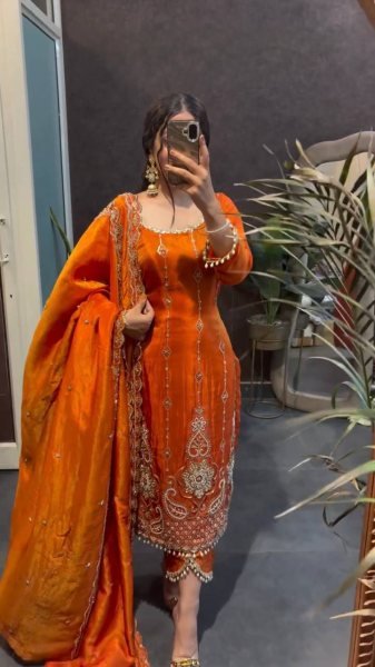 Festive Orange Fendy Silk Straight Cut Pakistani Fully Stitched Suit Set for Wholesale Ready To Wear Collection