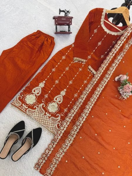 Festive Orange Fendy Silk Straight Cut Pakistani Fully Stitched Suit Set for Wholesale Ready To Wear Collection