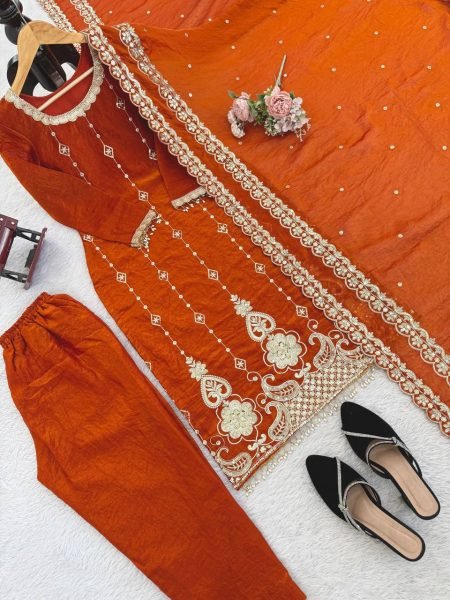 Festive Orange Fendy Silk Straight Cut Pakistani Fully Stitched Suit Set for Wholesale Ready To Wear Collection