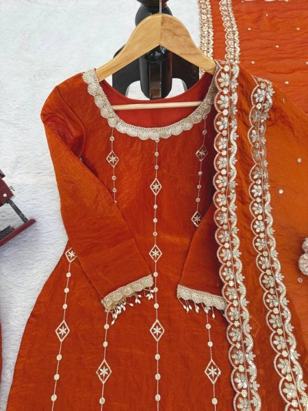 Festive Orange Fendy Silk Straight Cut Pakistani Fully Stitched Suit Set for Wholesale Ready To Wear Collection
