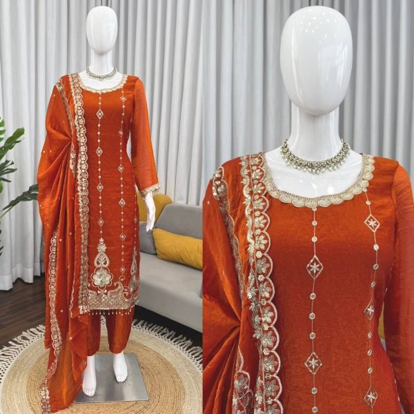 Festive Orange Fendy Silk Straight Cut Pakistani Fully Stitched Suit Set for Wholesale Ready To Wear Collection