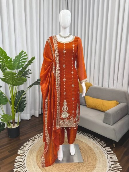 Festive Orange Fendy Silk Straight Cut Pakistani Fully Stitched Suit Set for Wholesale Ready To Wear Collection