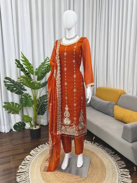 Festive Orange Fendy Silk Straight Cut Pakistani Fully Stitched Suit Set for Wholesale Ready To Wear Collection