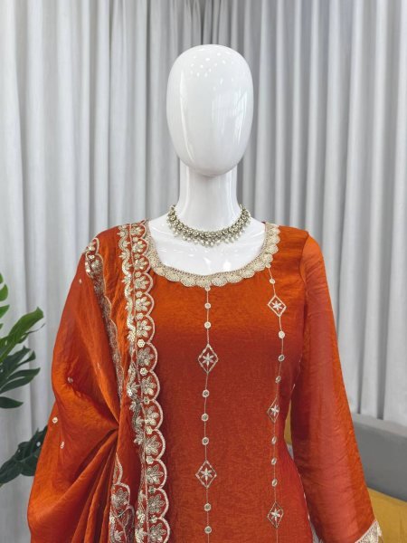 Festive Orange Fendy Silk Straight Cut Pakistani Fully Stitched Suit Set for Wholesale Ready To Wear Collection