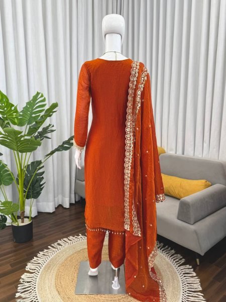 Festive Orange Fendy Silk Straight Cut Pakistani Fully Stitched Suit Set for Wholesale Ready To Wear Collection