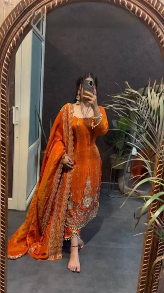 Festive Orange Fendy Silk Straight Cut Pakistani Fully Stitched Suit Set for Wholesale Ready To Wear Collection