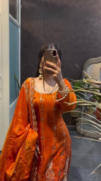 Festive Orange Fendy Silk Straight Cut Pakistani Fully Stitched Suit Set for Wholesale Ready To Wear Collection