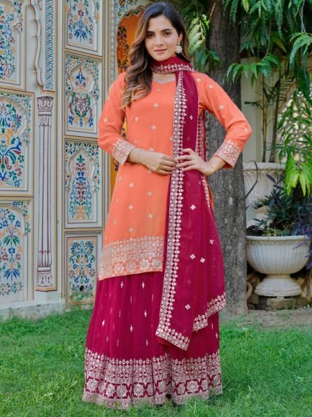 Festive Orange Premium Faux Georgette Embroidered Plazzo Set at Wholesale Rate Ready To Wear Suit