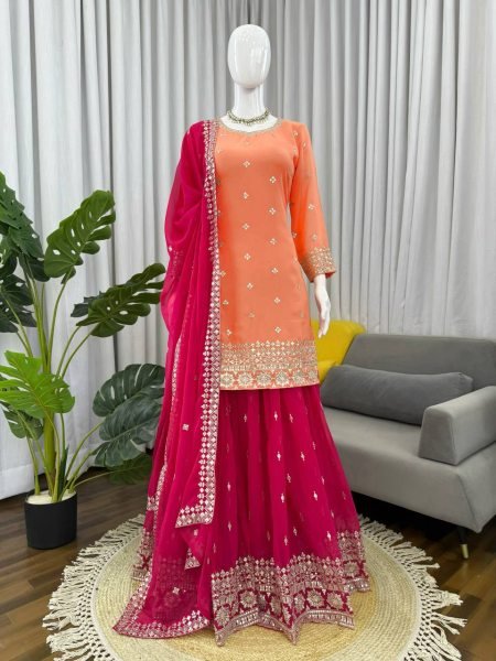 Festive Orange Premium Faux Georgette Embroidered Plazzo Set at Wholesale Rate Ready To Wear Collection