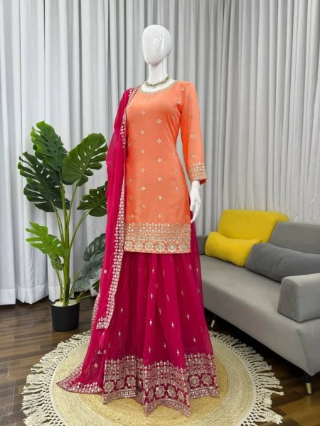 Festive Orange Premium Faux Georgette Embroidered Plazzo Set at Wholesale Rate Ready To Wear Collection