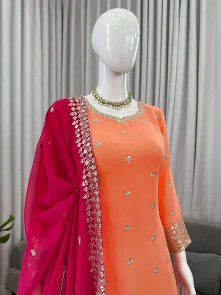 Festive Orange Premium Faux Georgette Embroidered Plazzo Set at Wholesale Rate Ready To Wear Collection