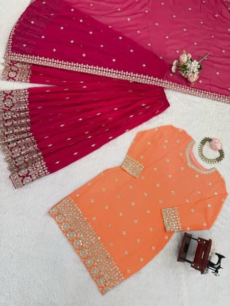 Festive Orange Premium Faux Georgette Embroidered Plazzo Set at Wholesale Rate Ready To Wear Collection
