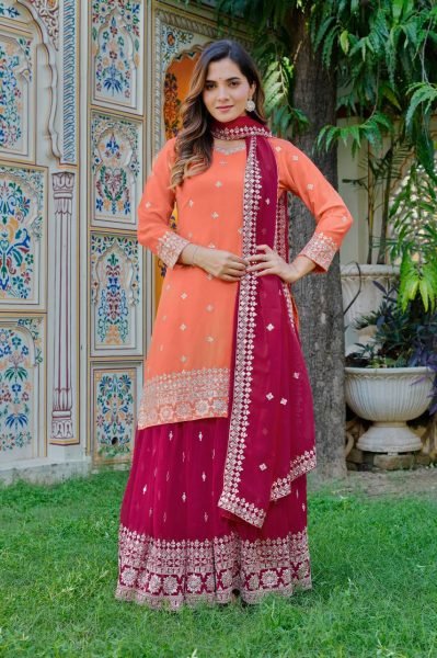Festive Orange Premium Faux Georgette Embroidered Plazzo Set at Wholesale Rate Ready To Wear Collection