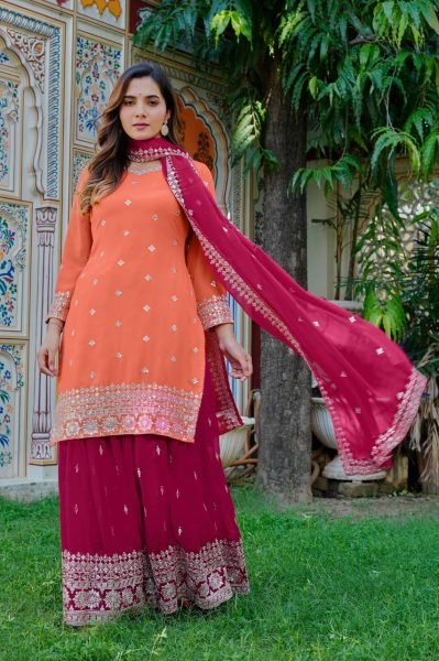 Festive Orange Premium Faux Georgette Embroidered Plazzo Set at Wholesale Rate Ready To Wear Collection