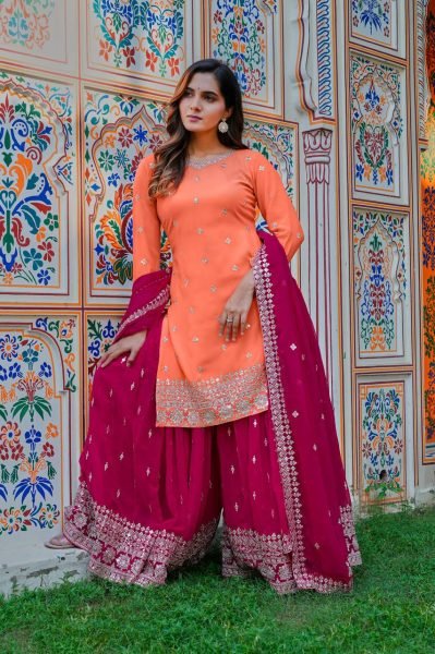 Festive Orange Premium Faux Georgette Embroidered Plazzo Set at Wholesale Rate Ready To Wear Collection