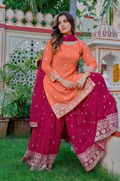 Festive Orange Premium Faux Georgette Embroidered Plazzo Set at Wholesale Rate Ready To Wear Collection