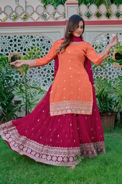 Festive Orange Premium Faux Georgette Embroidered Plazzo Set at Wholesale Rate Ready To Wear Collection
