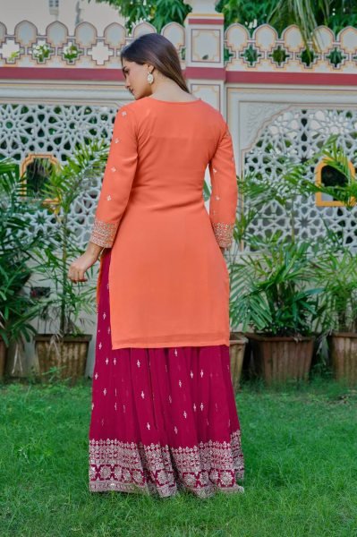 Festive Orange Premium Faux Georgette Embroidered Plazzo Set at Wholesale Rate Ready To Wear Collection