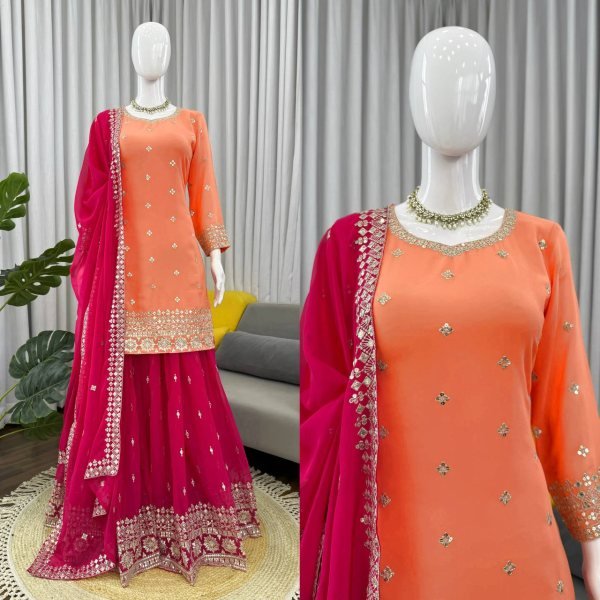 Festive Orange Premium Faux Georgette Embroidered Plazzo Set at Wholesale Rate Ready To Wear Collection