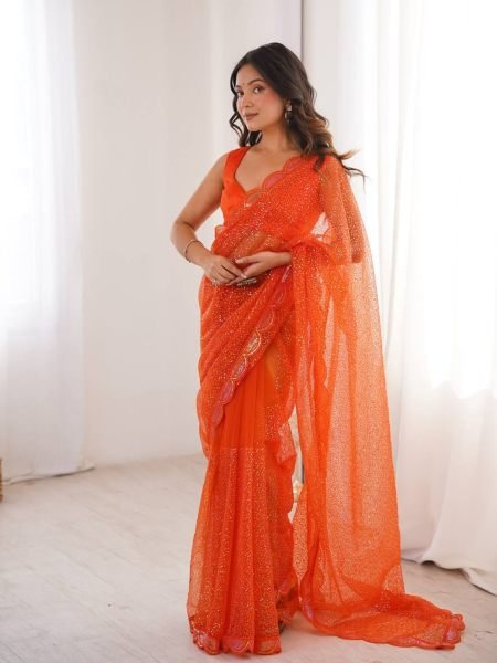 Festive Orange Soft Net Party Wear Saree with Benglori Silk Blouse for Functions  Sarees 