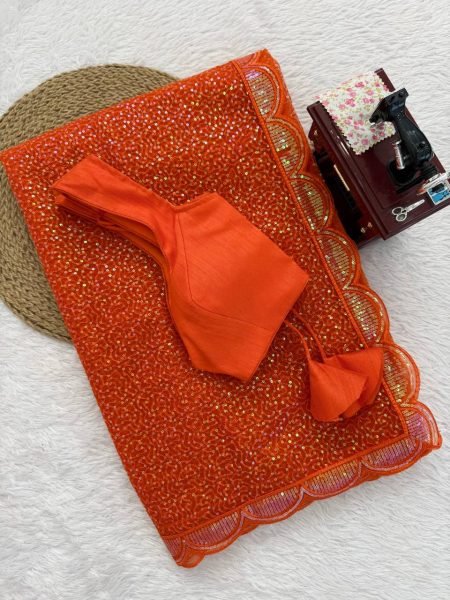 Festive Orange Soft Net Party Wear Saree with Benglori Silk Blouse for Functions  Net Sarees Wholesale