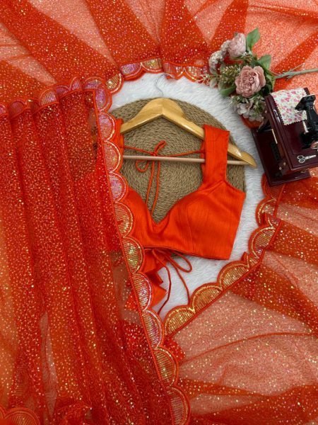 Festive Orange Soft Net Party Wear Saree with Benglori Silk Blouse for Functions  Net Sarees Wholesale