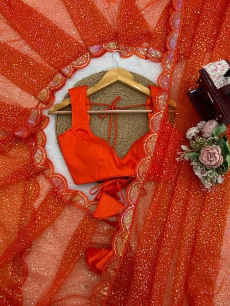 Festive Orange Soft Net Party Wear Saree with Benglori Silk Blouse for Functions  Net Sarees Wholesale