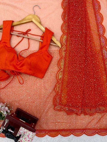 Festive Orange Soft Net Party Wear Saree with Benglori Silk Blouse for Functions  Net Sarees Wholesale