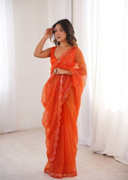 Festive Orange Soft Net Party Wear Saree with Benglori Silk Blouse for Functions  Net Sarees Wholesale