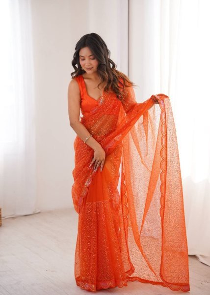 Festive Orange Soft Net Party Wear Saree with Benglori Silk Blouse for Functions  Net Sarees Wholesale