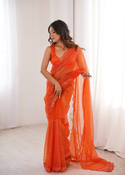 Festive Orange Soft Net Party Wear Saree with Benglori Silk Blouse for Functions  Net Sarees Wholesale