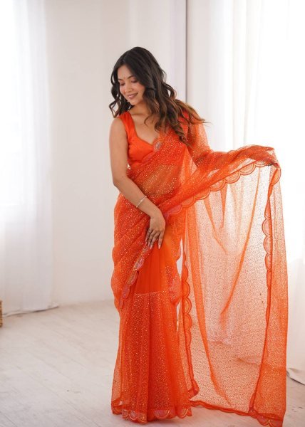 Festive Orange Soft Net Party Wear Saree with Benglori Silk Blouse for Functions  Net Sarees Wholesale