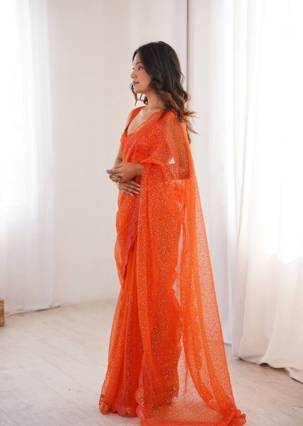 Festive Orange Soft Net Party Wear Saree with Benglori Silk Blouse for Functions  Net Sarees Wholesale