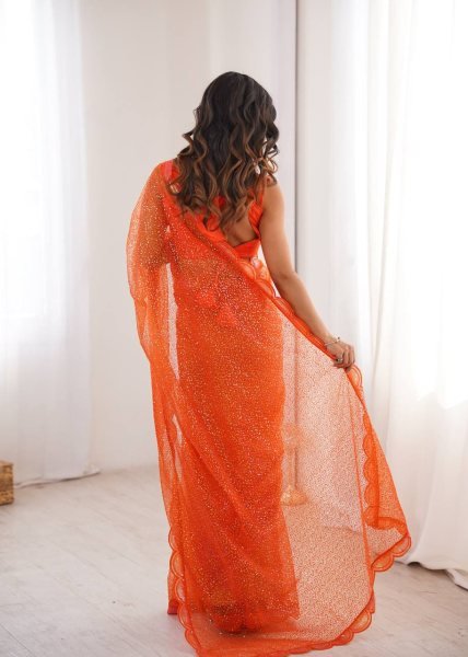 Festive Orange Soft Net Party Wear Saree with Benglori Silk Blouse for Functions  Net Sarees Wholesale