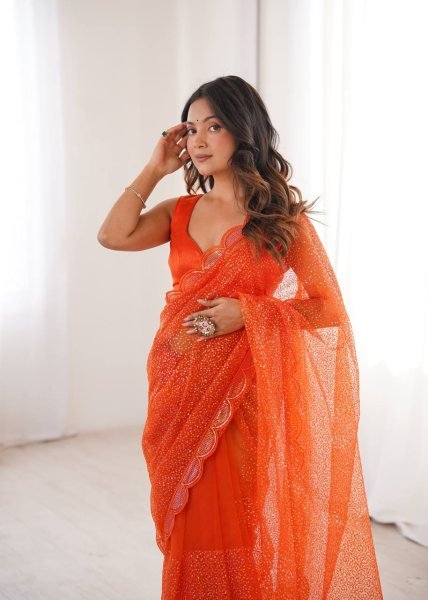 Festive Orange Soft Net Party Wear Saree with Benglori Silk Blouse for Functions  Net Sarees Wholesale