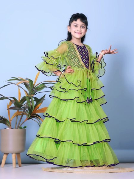Festive Parrot Green Laheriya Lahenga Choli with Jacket Set for Party Wear Girls Wear