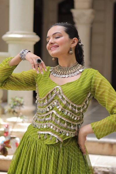 Festive Parrot Green Leheriya Lehenga with Blouse at Manufacturer Price Navratri Lehnega Choli