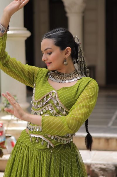 Festive Parrot Green Leheriya Lehenga with Blouse at Manufacturer Price Navratri Lehnega Choli