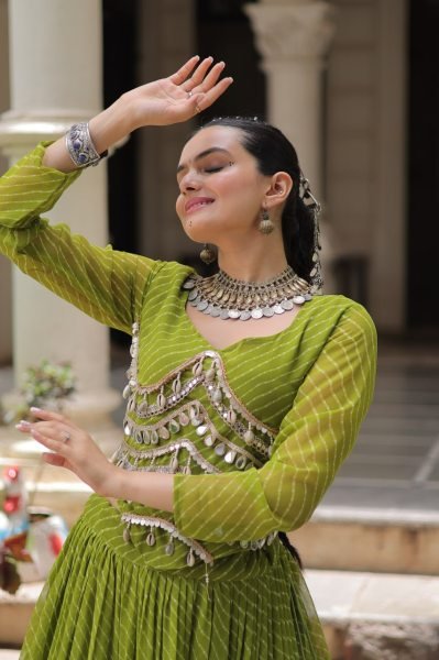 Festive Parrot Green Leheriya Lehenga with Blouse at Manufacturer Price Navratri Lehnega Choli