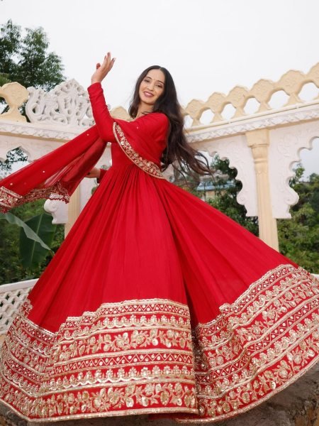 Festive Perfect Red Embroidery Coding Sequin Work Flared Anarkali Gown Anarkali Kurtis 