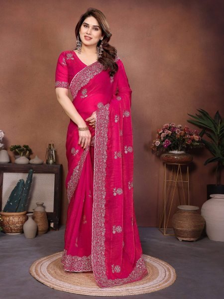 Festive Pink Fendy Chiffon Saree with Cutwork Border and Heavy Embroidered Blouse Sarees 