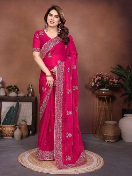 Festive Pink Fendy Chiffon Saree with Cutwork Border and Heavy Embroidered Blouse Embroidery Sarees Wholesale