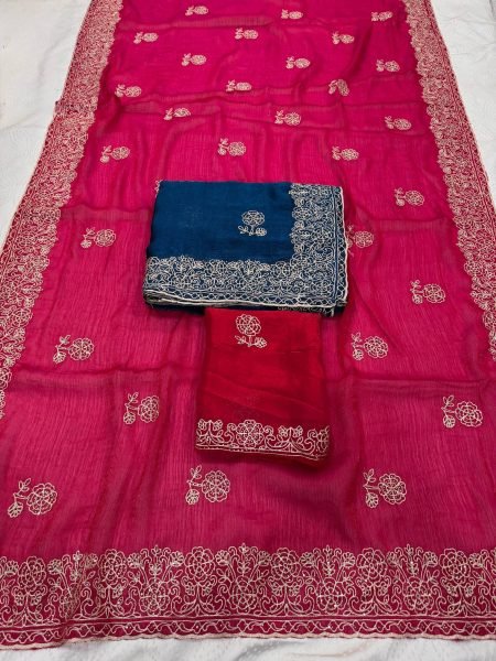 Festive Pink Fendy Chiffon Saree with Cutwork Border and Heavy Embroidered Blouse Embroidery Sarees Wholesale