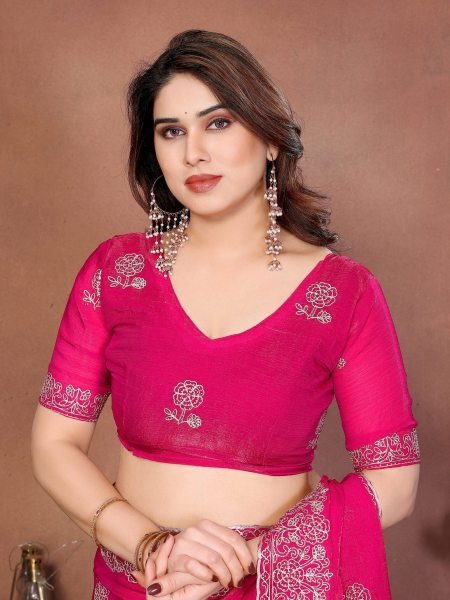Festive Pink Fendy Chiffon Saree with Cutwork Border and Heavy Embroidered Blouse Embroidery Sarees Wholesale