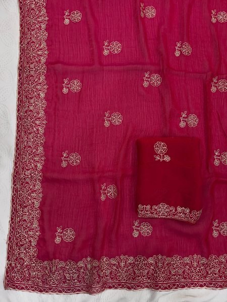 Festive Pink Fendy Chiffon Saree with Cutwork Border and Heavy Embroidered Blouse Embroidery Sarees Wholesale