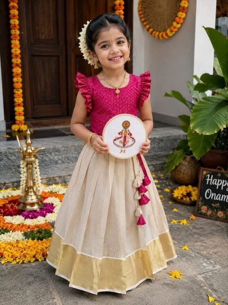 Festive Pink Girls Kerala Lehenga Choli in Tissue Silk for Onam and Festive Celebrations 