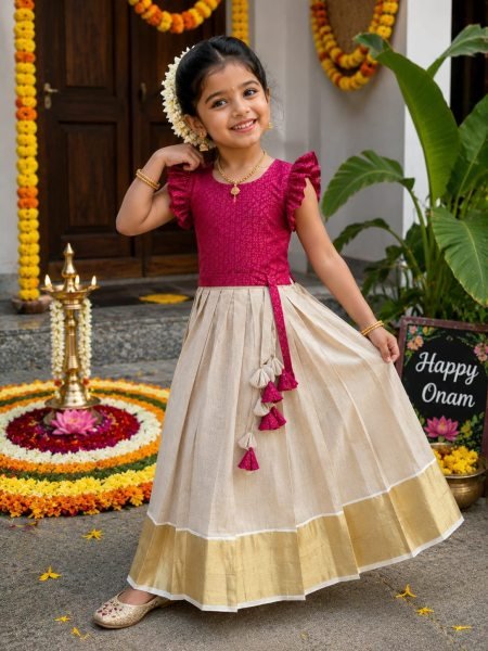 Festive Pink Girls Kerala Lehenga Choli in Tissue Silk for Onam and Festive Celebrations Girls Wear