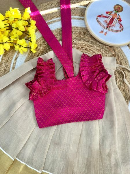 Festive Pink Girls Kerala Lehenga Choli in Tissue Silk for Onam and Festive Celebrations Girls Wear