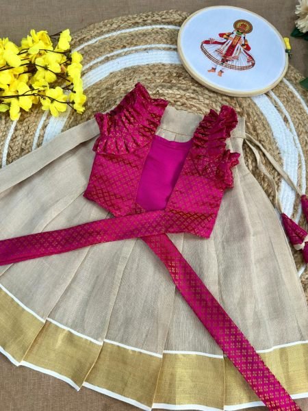 Festive Pink Girls Kerala Lehenga Choli in Tissue Silk for Onam and Festive Celebrations Girls Wear