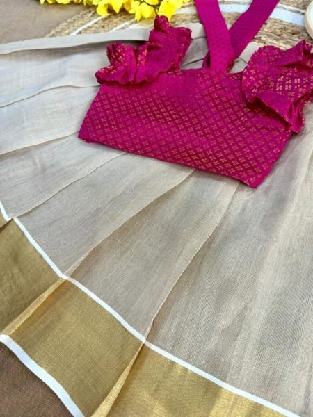 Festive Pink Girls Kerala Lehenga Choli in Tissue Silk for Onam and Festive Celebrations Girls Wear